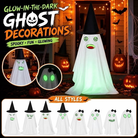Halloween Luminous Ghost Hanging Decorations, Cute Flying Ghost Party Decor Witch Hat Tree Hanging Deocr with 6PCS Glow-in-the-Dark Emojis for Halloween Party Outdoor Yard Indoor