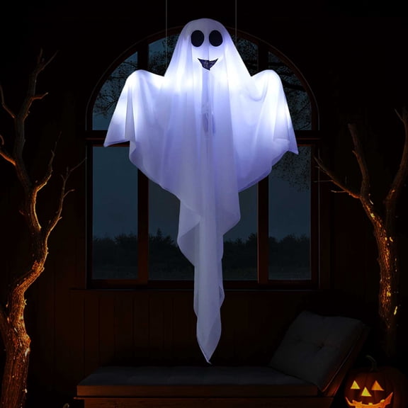 Halloween Luminous Ghost Pendant, 23.6x31.5 Inch Glowing Hanging Ghost with Poseable Arms for Porch Ceiling Party Decor