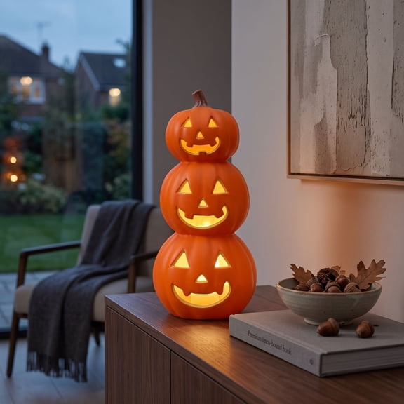 Halloween Luminous Hollow Pumpkin Display, Resin Stacked Jack-O'-Lantern Decoration With Built-In Lighting For Porch, Entryway, Fireplace, Tabletop