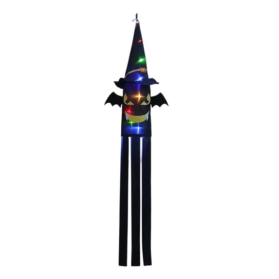 Halloween Luminous Wind Sock Flags, Witch Hat Skeleton Pumpkin Bat Hanging Wind Chime Lights, LED Glowing Outdoor Porch Yard Spooky Wind Streamer Decor