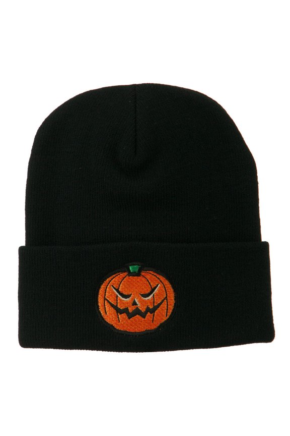Halloween Mad Jack o Lantern Embroidered Long Beanie - Black OSFM