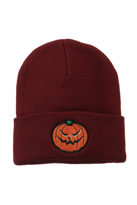 Halloween Mad Jack o Lantern Embroidered Long Beanie - Maroon OSFM