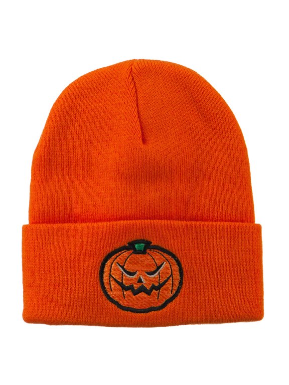 Halloween Mad Jack o Lantern Embroidered Long Beanie - Orange OSFM