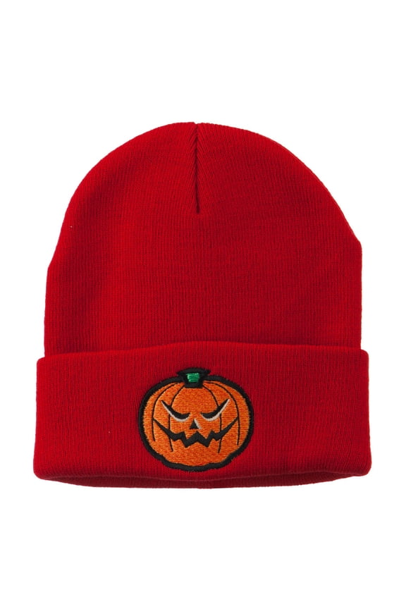 Halloween Mad Jack o Lantern Embroidered Long Beanie - Red OSFM