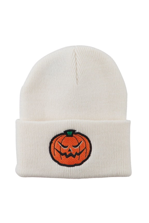 Halloween Mad Jack o Lantern Embroidered Long Beanie - White OSFM