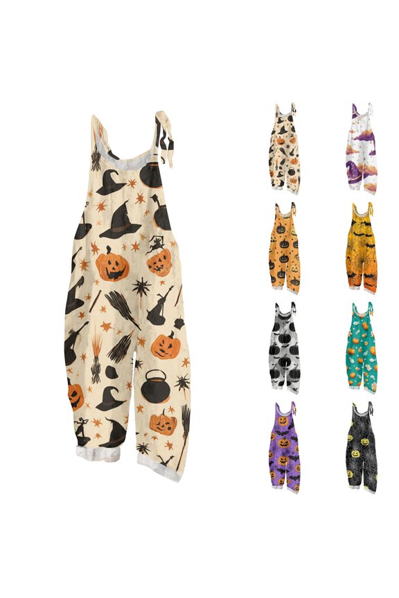 Halloween Magic Element Print Jumpsuit for Women, Tie Shoulder Loose Fit Overalls - Cotton Linen Blend Casual Romper Dark Gray S