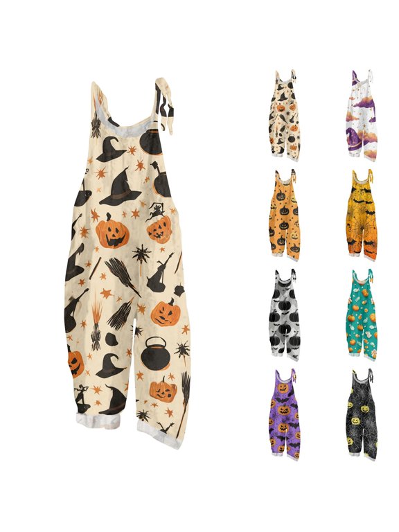 Halloween Magic Element Print Jumpsuit for Women, Tie Shoulder Loose Fit Overalls - Cotton Linen Blend Casual Romper Green S
