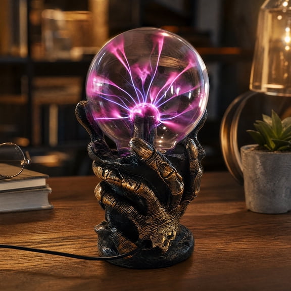 Halloween Magic Hand Plasma Ball Lamp, Resin Gothic Globe Light Figurine for Desk Table Mantel Shelf and Spooky Home Decor, 8.66in
