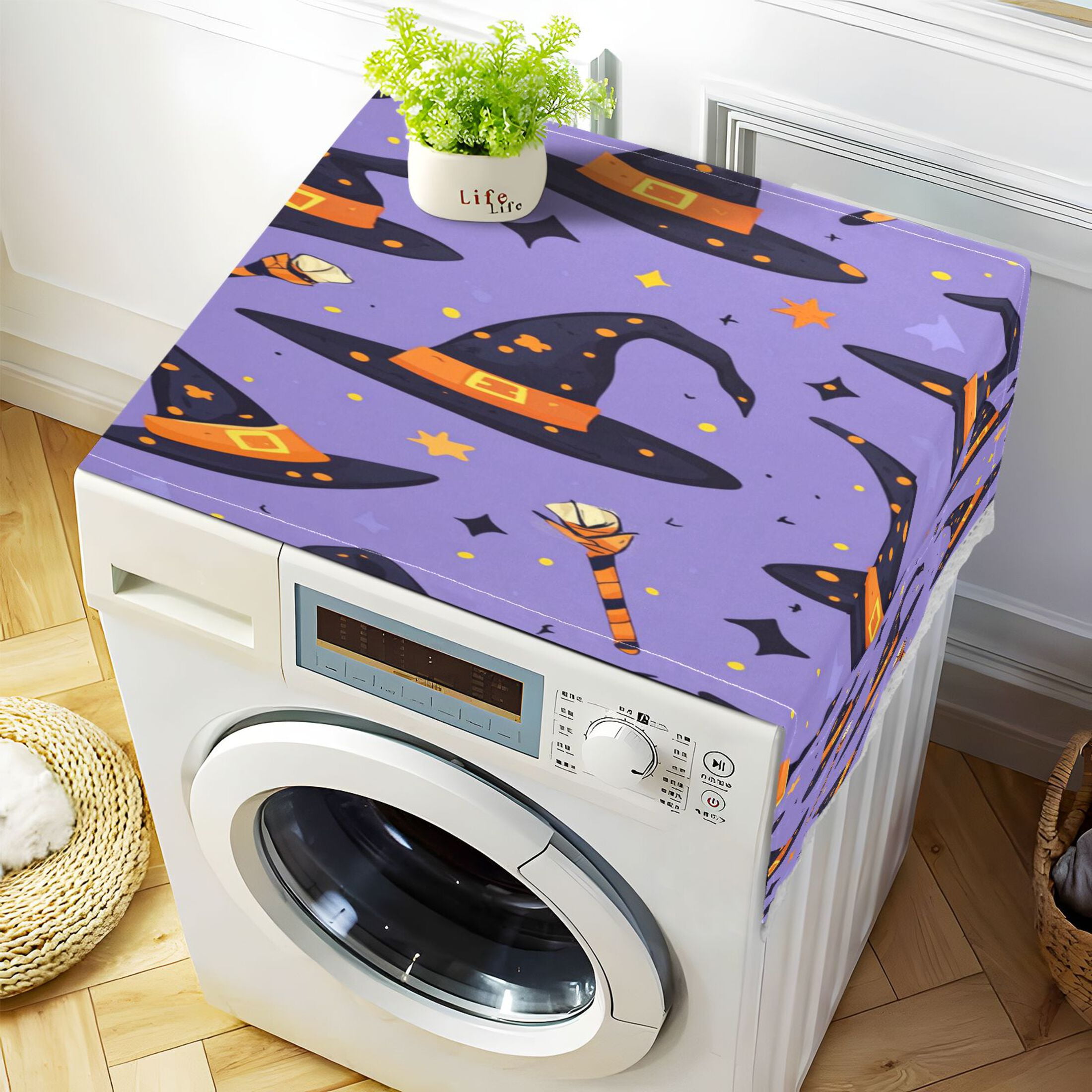 Halloween Magic HatWasher and Dryer Covers Dust-Proof and Oil Resistant Fridge Cover with 4 Storage Pockets Washing Machine Top Cover for Laundry Kitchen Home 51.2 x 22 In