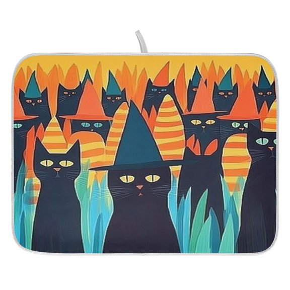 Halloween Magic Kitten Dish Drying Mat for Kitchen, Quick Drying Absorbent Soft Durable 16" x 18"