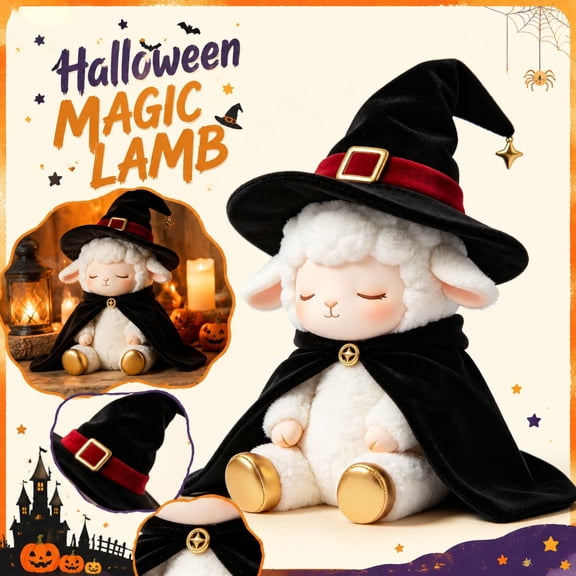 Halloween Magic Lamb Plush Toy, 9.05in Cute Sleeping Wizard Sheep Stuffed Animal with Witch Hat & Cape for Spooky Decor