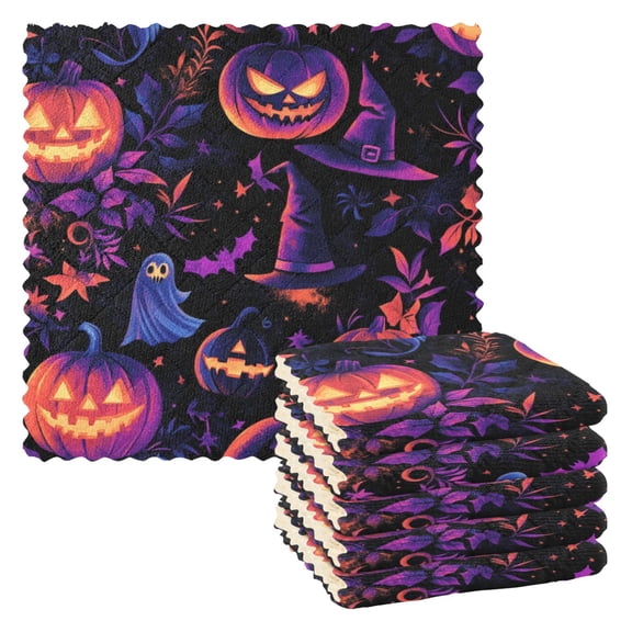 Halloween Magic Theme 6 Pack Kitchen Cleaning Cloths 11'' x 11'', Super Absorbent, Soft Double Layer Plush for Dish and Surface Cleaning