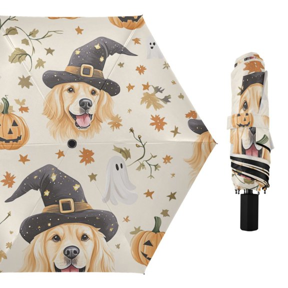 Halloween Magical Dog Pumpkins Stars Leaves Specters All Weather Umbrella Triple Folding Parasol 6 Ribs UV Protection Portable
