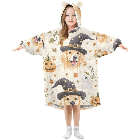 Halloween Magical Dog Pumpkins Stars Leaves Specters Flannel Wearable Blankets Hooded Design Long Sleeves Wrap Unisex for 3T-14Y M
