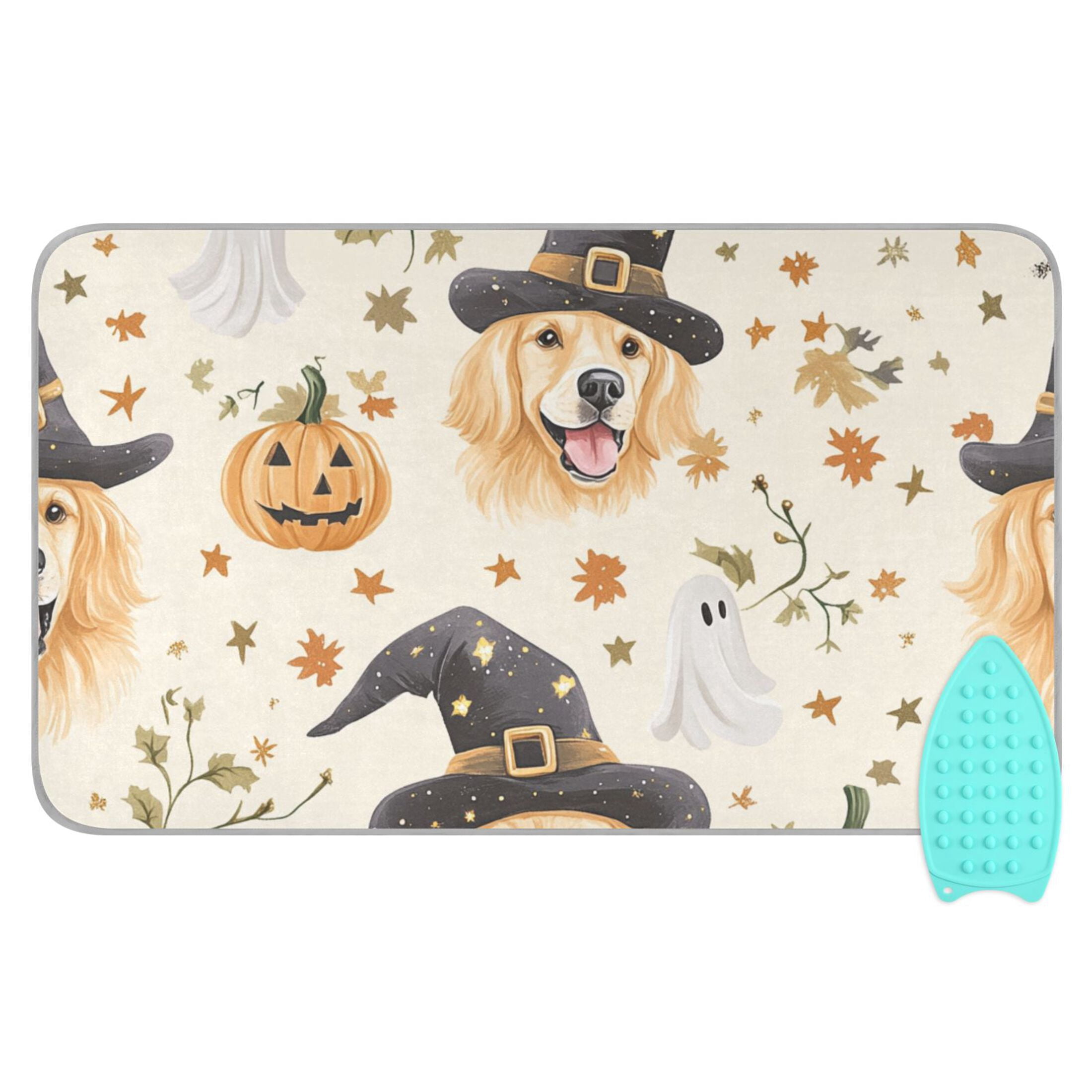 Halloween Magical Dog Pumpkins Stars Leaves Specters Ironing Mat Blanket Portable Travel Ironing Pad Heat Resistant Pad 47.2" x 27.6”