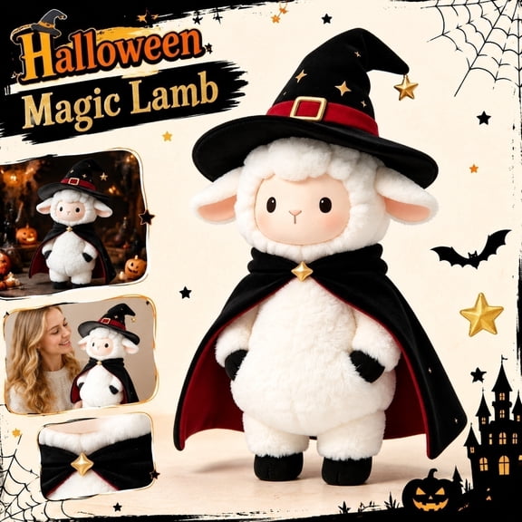 Halloween Magical Lamb Plush Toy - Ultra-Soft Wool-Like Stuffed Animal, Cuddly Spooky Decor, Collectible Sheep for Kids, Trick-or-Treat Party Gift