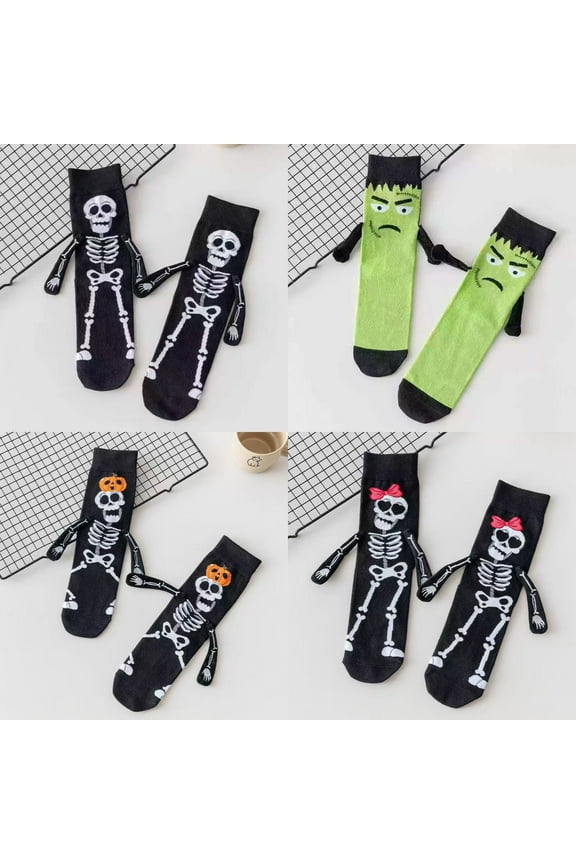 Halloween Magnetic Holding Hands Socks for Women Men, Black Funny Crazy Skeleton Crew Stockings Family Couple Matching Socks Halloween Gifts for Boys Girls