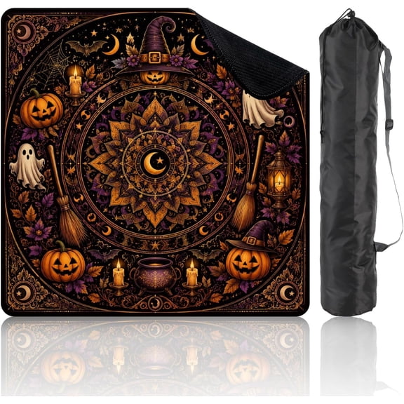 Halloween Mahjong Mat 31.5" x 31.5", Mandala Pumpkins Witch Hats Ghosts Candles Dark Mah Jong Mat, Non-Slip Noise Reduction with Carrying Bag