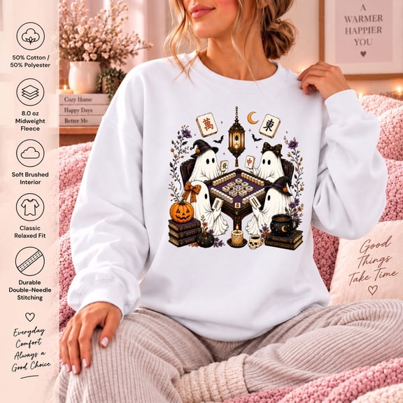 Halloween Mahjong Sweatshirt, Funny Ghosts Playing Mahjong Spooky Graphic Crewneck for Women, Mah Jongg Lover Gift