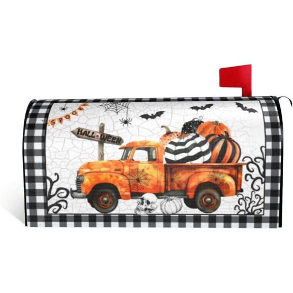 Halloween Mailbox Cover Magnetic Orange Truck Pumpkin Mailbox Cover Standard Size 18 X 21 Inch Waterproof Post Wraps Happy Halloween Mailbox Decorations for Garden Yard Home Holiday