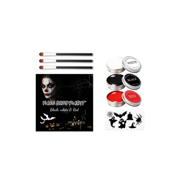Halloween Makeup Kit, Skull Face Paint Set with White Black Red Cream, Body and Face Painting for Costume Party, Includes 3 Makeup Brushes