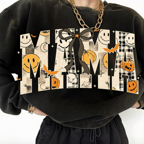 Halloween Mama Sweatshirt Funny Halloween Mom Sweatshirt,Smiley Face Sweatshirt Spooky Mama Coquette Mom Halloween Sweatshirt Scary Spooky Mama Checkered Popular