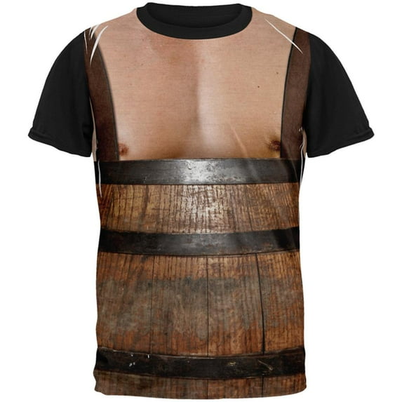 Halloween Man in Barrel Suspenders Costume All Over Mens Black Back T Shirt Multi LG