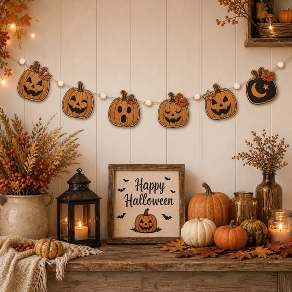 Halloween Mantel Garland Jack o Lantern Faces Wooden Mantel Hanging for Spooky Season Decor