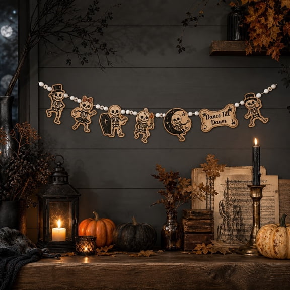 Halloween Mantel Garland Skeleton Dance Wooden for Mantel Halloween Party Decor