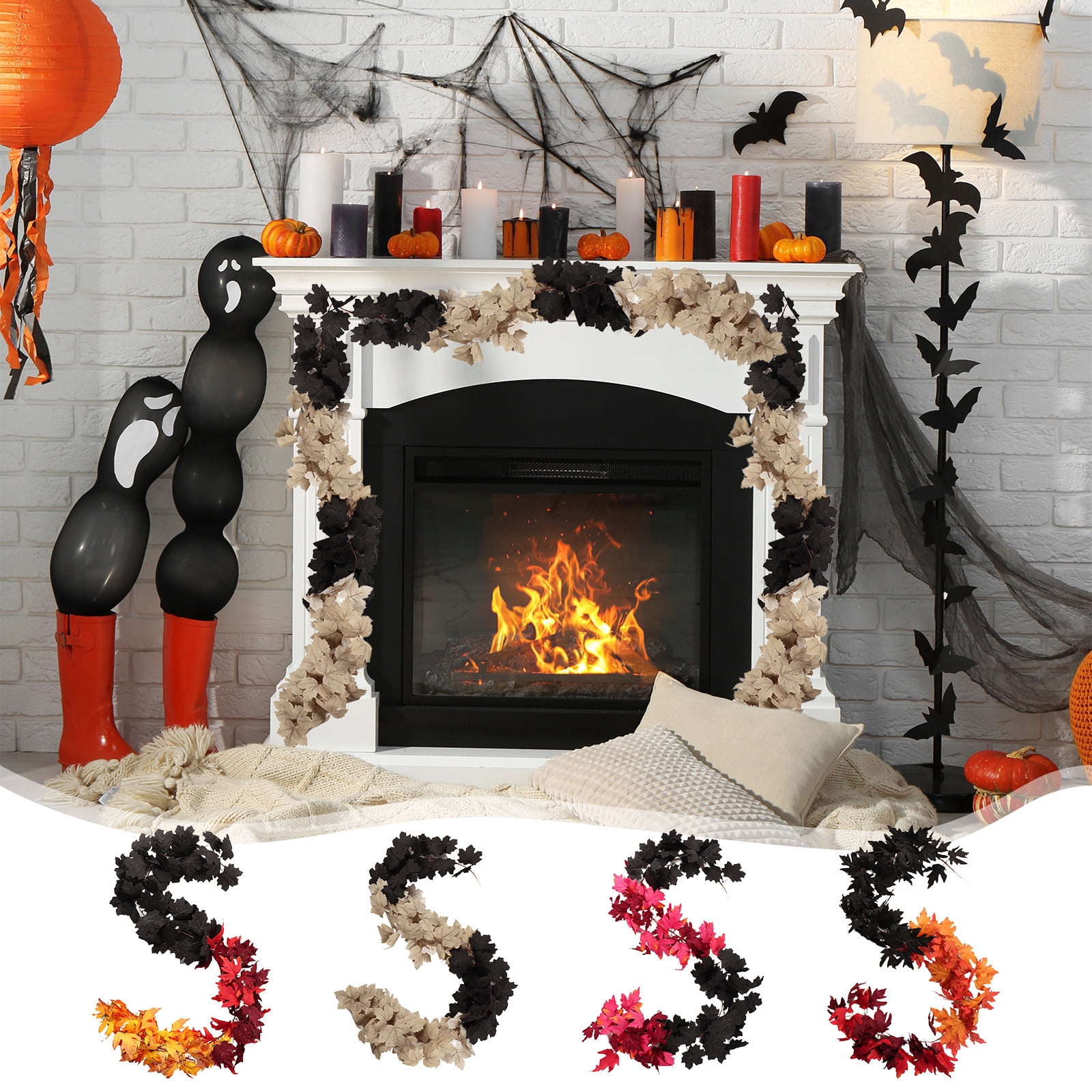 Halloween Maple Leaf Black Rattan Wall Hanging | 160cm Artificial ...
