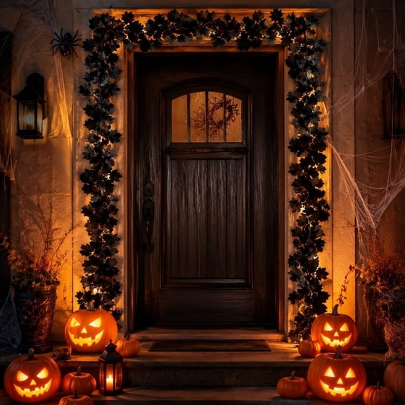 Halloween Maple Leaf Garland Artificial Black Vine Decoration Gothic Hanging Rattan for Door Frame Fireplace Stair Railing Table Home Party Indoor Outdoor Holiday Decor Seasonal Style