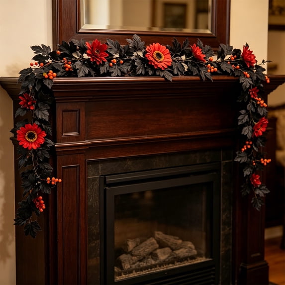 Halloween Maple Leaf Garland, Decorative with Black Foliage & Red Sunflowers, Gothic Faux Autumn Garland for Fireplace Mantel Front Porch, Fall Decorations for Home
