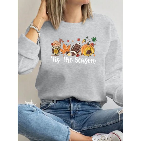 Halloween Maple Leaf Pumpkin Sunflower Print Long Sleeve Shirts For Women Gray One-piece