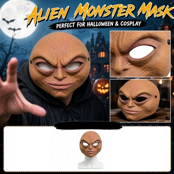 Halloween Mask, Alien Halloween, Mask, Mask, Tan Latex 9X8 Inch Adult Accessory with Secure Elastic Strap, Ideal for Carnival Theme Party, Masquerade Event, Haunted House Photo