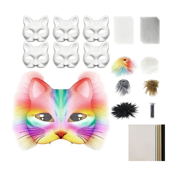 Halloween Mask Craft Kit, Halloween Crafts for Student, Mask for Painting, Cat Halloween Accessory, 8X7 Inch 6 Blank Cat Masks 12 Mesh Fabric Sheets 5 Faux Strips 12 Halloween