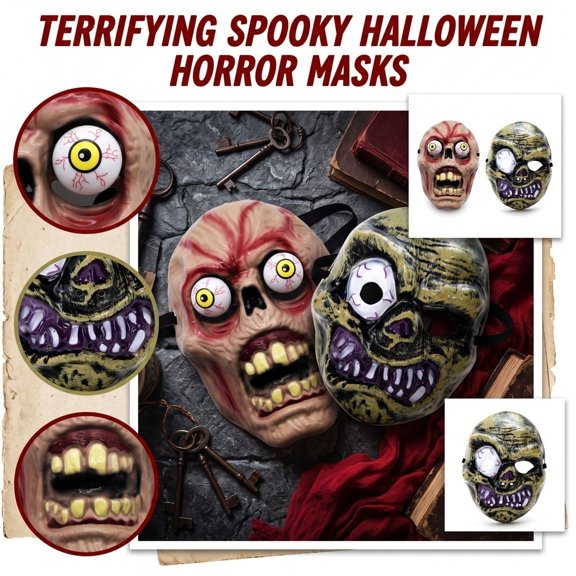 Halloween Mask with Face Mask Look, Horror Mask with Plastic Eyeballs and Halloween Teeth, Scary Mask for Adults, Mask For, Creepy Mask with Halloween Eyes and Fangs For, Scary