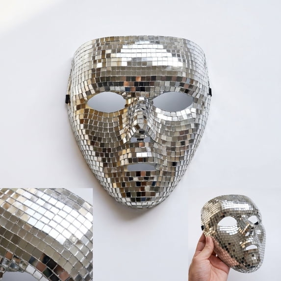 Halloween Mask, Full Face Silver Mirror Masquerade Mask, Disco Ball Light Reflecting Face Covering, Mask for Masquerade Party Rave Dance Event, 8X7 Inch Size Made of Tiny Mirror