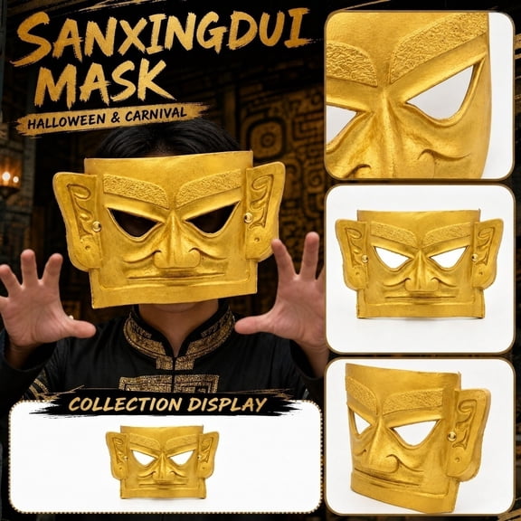 Halloween Mask, Gold Masquerade Mask, Masquerade Mask for Men, Mask for Masquerade Party, Spooky Ancient Sanxingdui Themed Painted Full Face Cover Accessory for Halloween Party