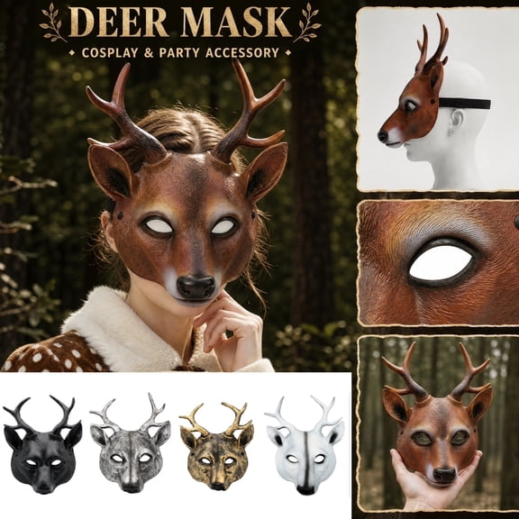 Halloween Mask, Wildlife Mask, Mask, Mask, White Deer Half Face Mask Crafted from Durable Latex, 14X11 Inch Accessory for Carnival, Masquerade Parties, Renaissance Fair, Photo