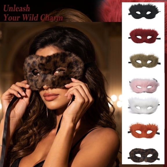 Halloween Masquerade Mask in Pink Furry with Black Satin Ribbon (9X4.5 Inch), Mask for Couples and Women with Eye Mask for Masquerade Party, Satin Ribbon Accent with Adult