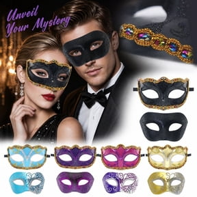 Halloween Masquerade Mask for Women Men, Half Face Mask with Gold Trim & Rhinestone Trim for Party, 2 Pack Eye Mask for Couples Valentine's Day Masquerade Ball