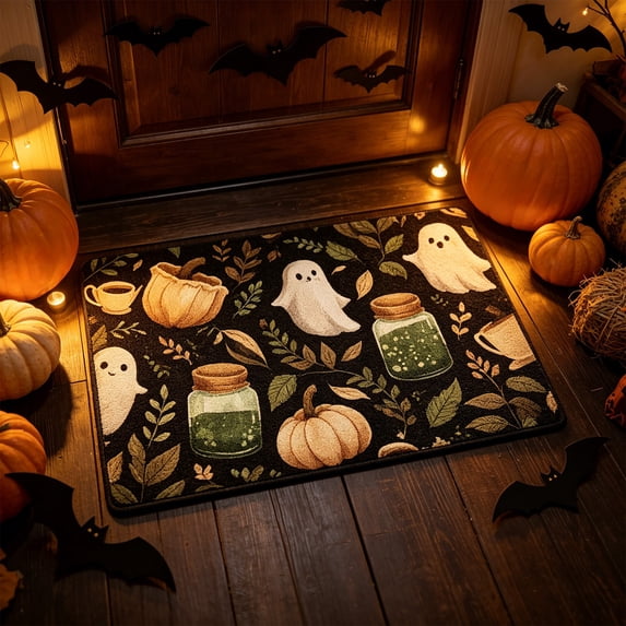 Halloween Mat Imitation Fleece Floor Mat Bathroom Entryway Carpet Pumpkin Ghost Pattern Non Slip Base Indoor Festival Ambiance Decor