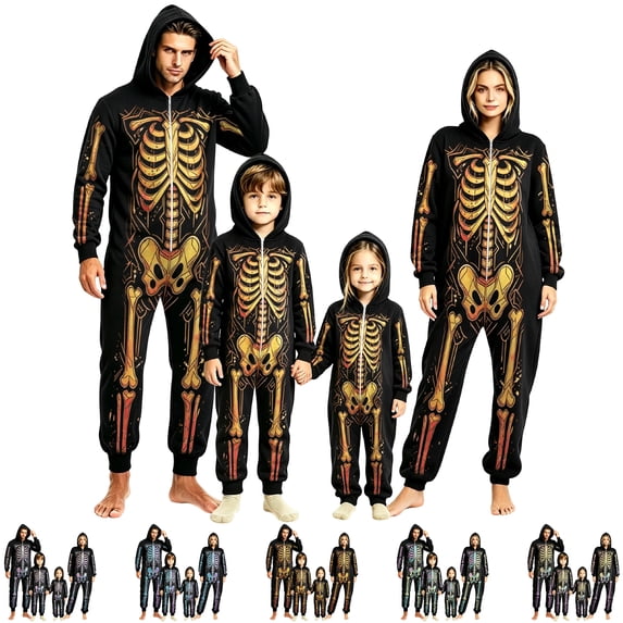 Halloween Matching Family Pajamas Novelty Skeleton Onesie Pajamas Zipper Hooded Jumpsuit Halloween Pjs Party Family Pajamas Nightwear