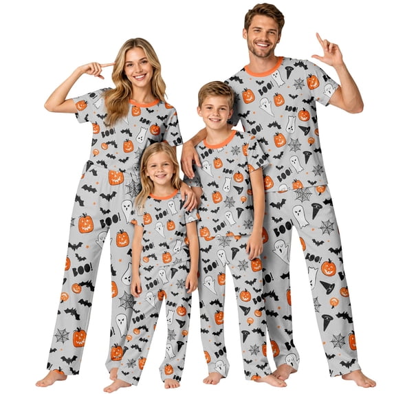 Halloween Matching Family Pajamas Set Festive Spooky Pattern Printed Soft Long Sleeve Top and Pants for Women Men Family Lounge Festive Nightwear Family Lounge PJs Halloween Gifts