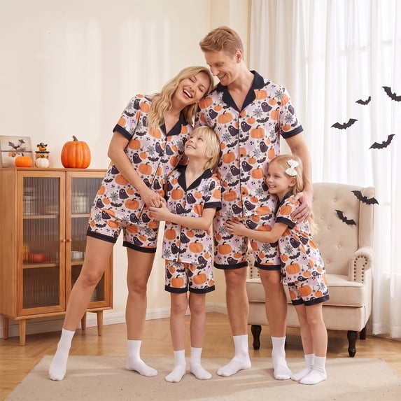 Halloween Matching Family Pajamas Set Pumpkin Ghost Print Short Sleeve Tops and Shorts PJS Set
