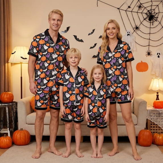 Halloween Matching Family Pajamas Set Pumpkin Ghost Print Short Sleeve Tops and Shorts PJS Set