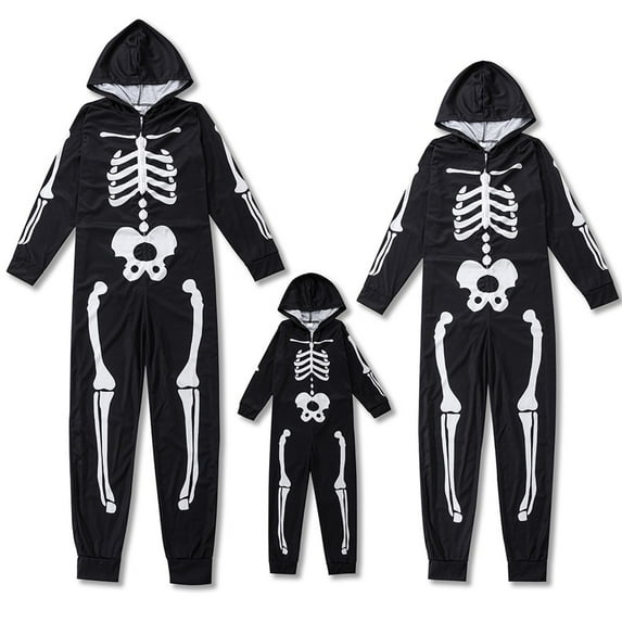 Halloween Matching Family Pajamas Sets Holiday Hooded One-Piece PJS Family Skeleton Jumpsuit