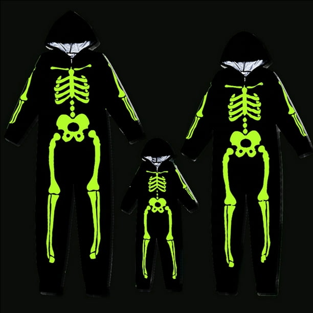Halloween Matching Family Pajamas Sets One Piece Hooded Skeleton Pj s Set Glow in The Dark Holiday Sleepwear for Men Women Kids