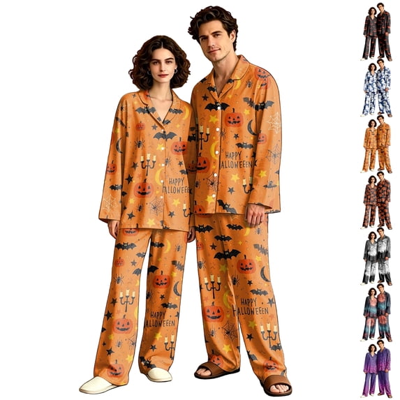 Halloween Matching Pjs for Couples Long Sleeve Sleepwear His and Her Matching Pajamas Halloween Bat Button Down Warm Lounge Sets 2 Pcs Loungewear Saffron L