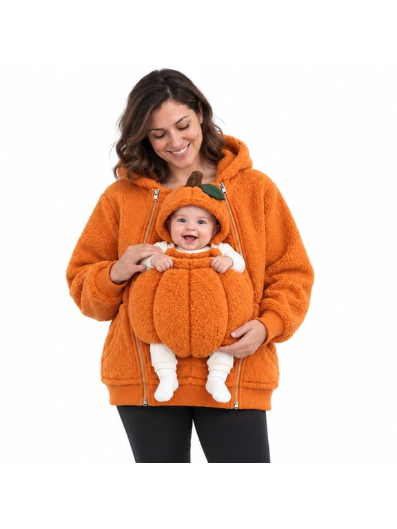 Halloween Maternity Baby Carrier Hoodie, Pregnancy Mommy Pumpkin Bat Costume Sweatshirt with Infant Onesie, Kangaroo Pocket Maternity Hoodie for Mom and Baby, Matching Outfit for Halloween Party